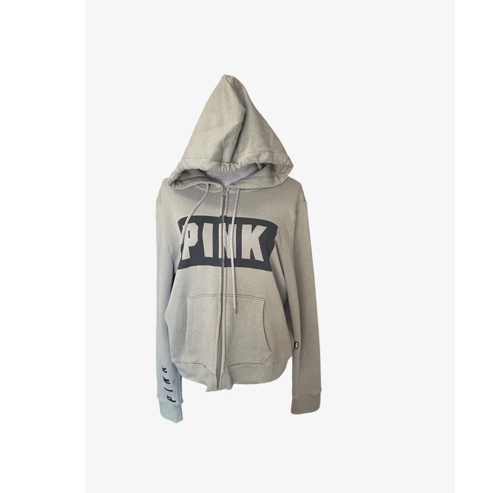 Victoria's Secret PINK‎ Zip Up Hoodie Gray Logo Pocket Casual Women's Size L